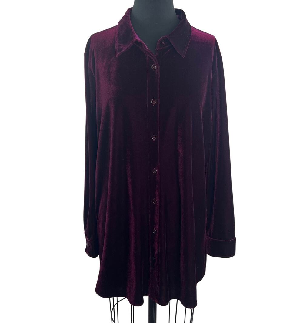Soft Surroundings Burgundy Boyfriend Tunic Top Velvet Stretch Button-Up Size 1X